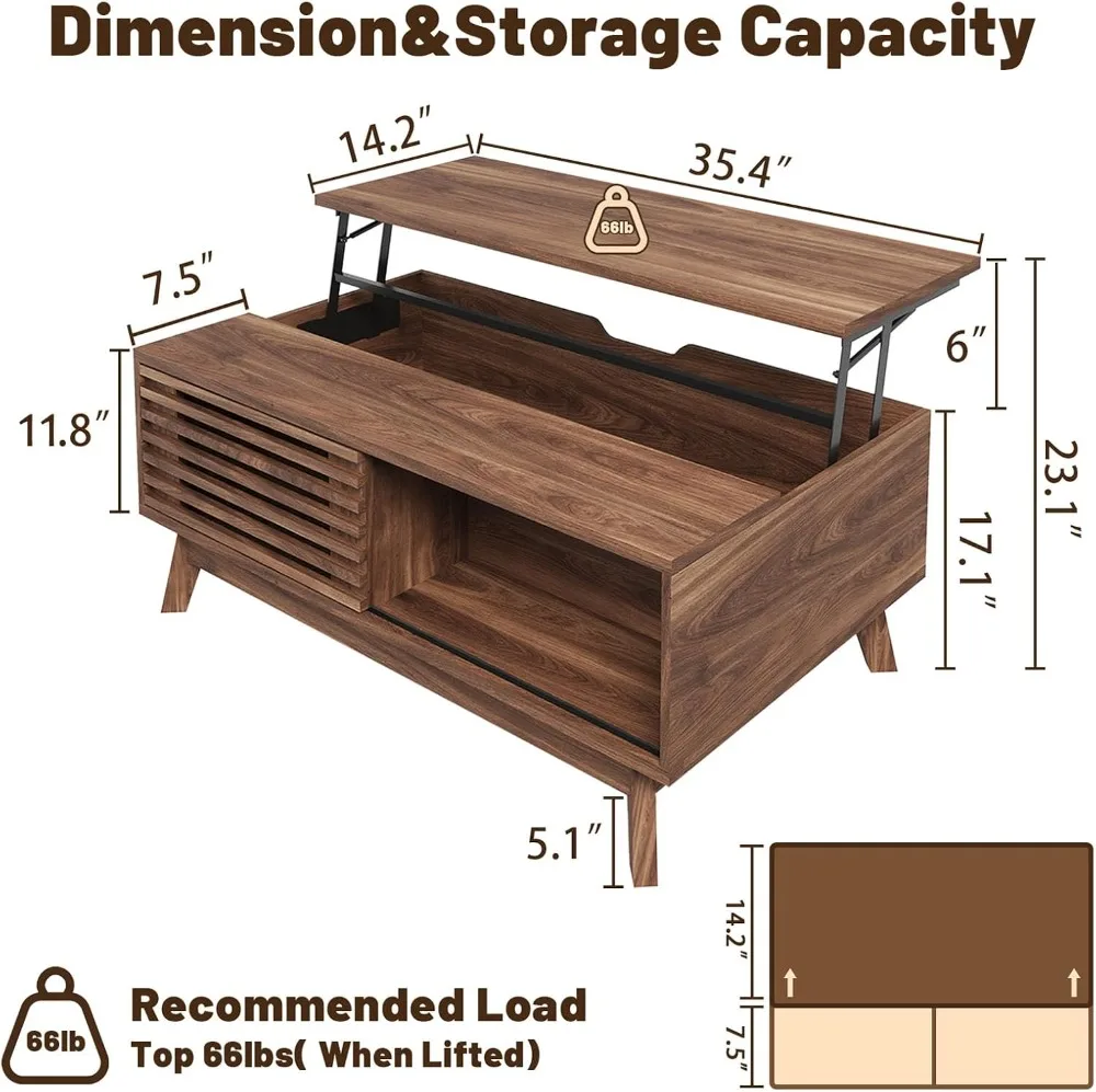 Lift Top Coffee Table with Storage, Mid Century Modern Design, Walnut Finish, 35.4 Inch Rectangular Fluted Table - Image 2