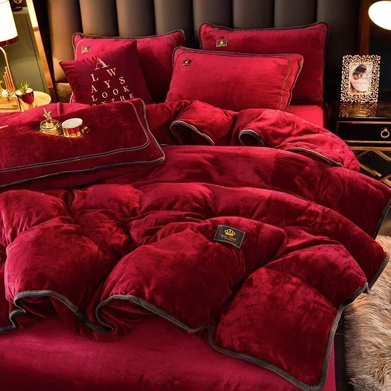 High-end Milk Velvet Autumn Winter Warm Duvet Cover Set with Bed Sheet Quilt Cover and Pillowcases Warmth Cozy Bedding Set Queen