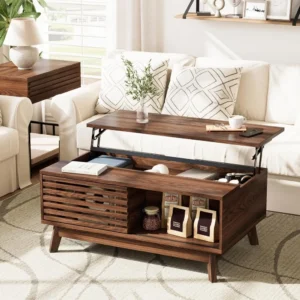 Lift Top Coffee Table with Storage, Mid Century Modern Design, Walnut Finish, 35.4 Inch Rectangular Fluted Table