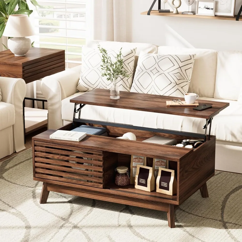 Lift Top Coffee Table with Storage, Mid Century Modern Design, Walnut Finish, 35.4 Inch Rectangular Fluted Table