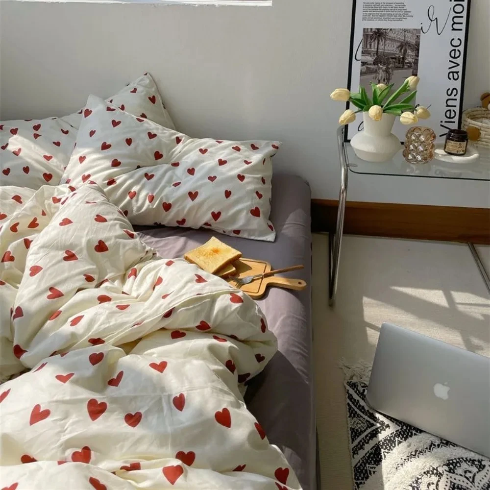 Korean Style Bedding Set Kid Adult Twin Full Queen Size Bed Flat Sheet Set Pillowcase Bed Linen Love Heart Duvet Cover - Image 4