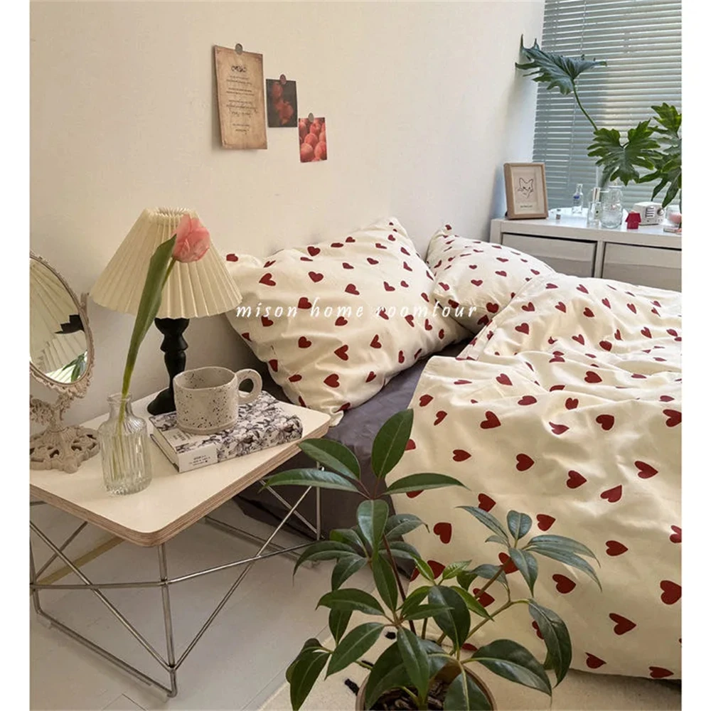 Korean Style Bedding Set Kid Adult Twin Full Queen Size Bed Flat Sheet Set Pillowcase Bed Linen Love Heart Duvet Cover - Image 3
