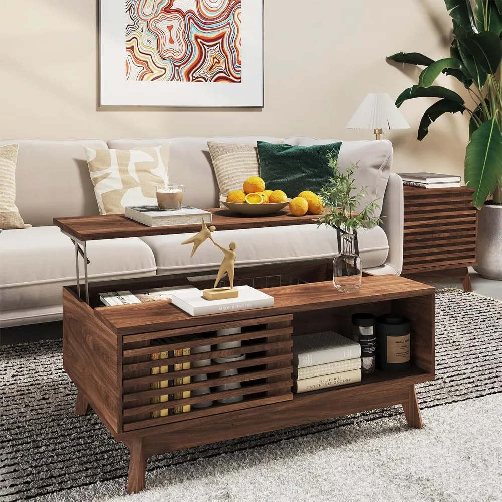 Lift Top Coffee Table with Storage, Mid Century Modern Design, Walnut Finish, 35.4 Inch Rectangular Fluted Table - Image 3
