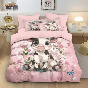 3pcs Valentine's Day Romantic Pink Cow Print Coreless Down Duvet Cover Set, Comfortable Bedroom Bedding Decoration, Machine Wash