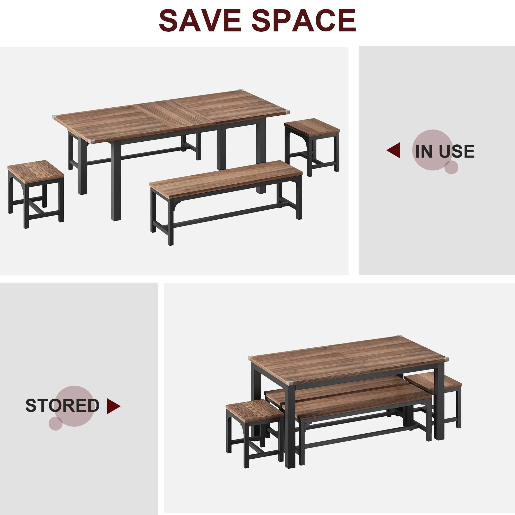 Extendable Dining Table for 4-8, Rectangular Wood Kitchen Table with Strong Metal Frame, Industrial Long Dining Room Table - Image 5