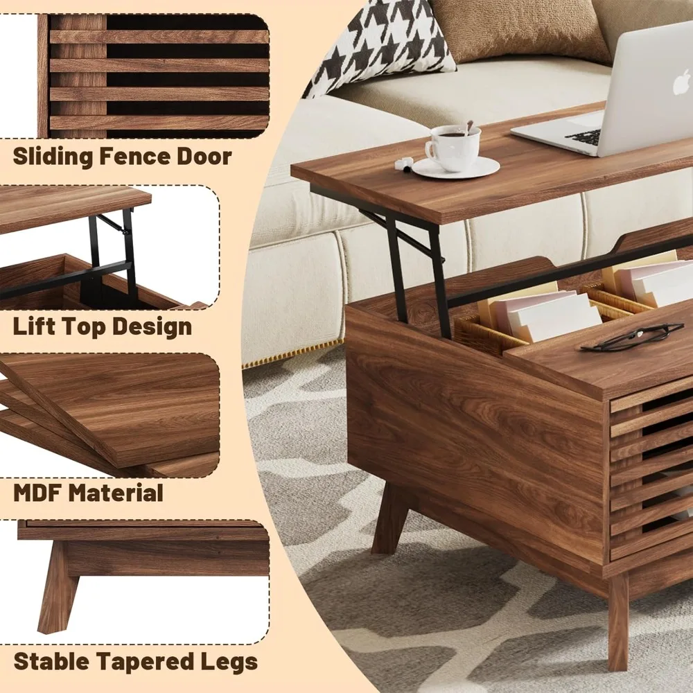 Lift Top Coffee Table with Storage, Mid Century Modern Design, Walnut Finish, 35.4 Inch Rectangular Fluted Table - Image 6